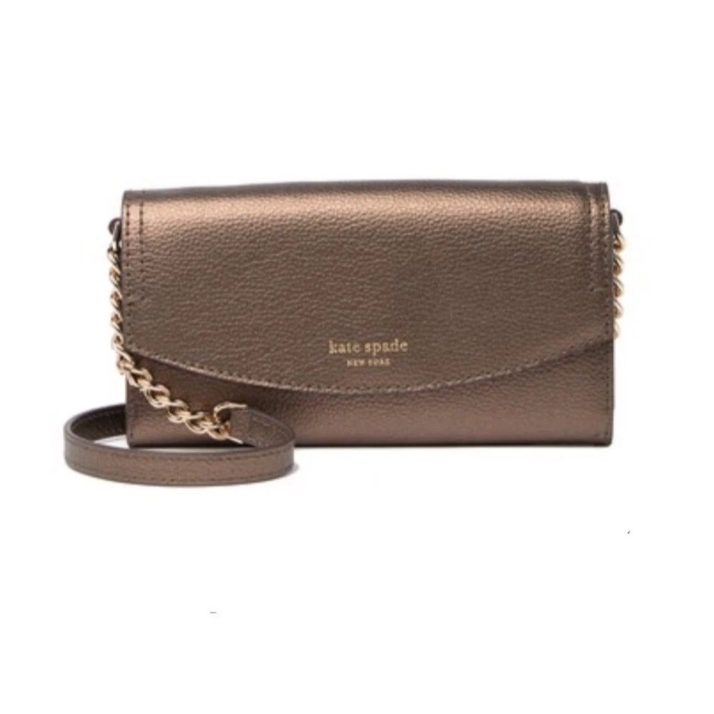 KATE SPADE EVA WALLET ON CHAIN CLUTCH CROSSBODY ASH METALLIC